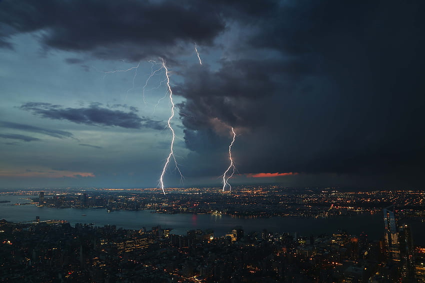 Cities, View From Above, Night City, Storm, Thunderstorm HD wallpaper