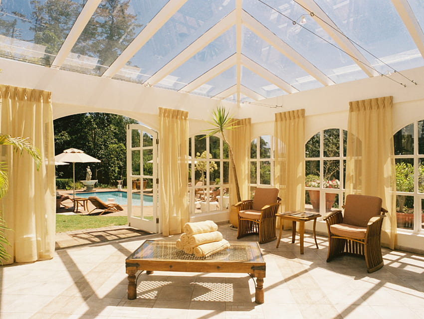 Sun room, umbrella, curtains, table, shadow, windows, towels, chaise lounges, chairs, sunroon, yellow, pool HD wallpaper