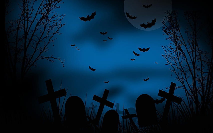 HALLOWEEN. Adegan kuburan gelap di malam Halloween dengan banyak kelelawar. Latar belakang Halloween, halloween, latar belakang Halloween yang menakutkan Wallpaper HD