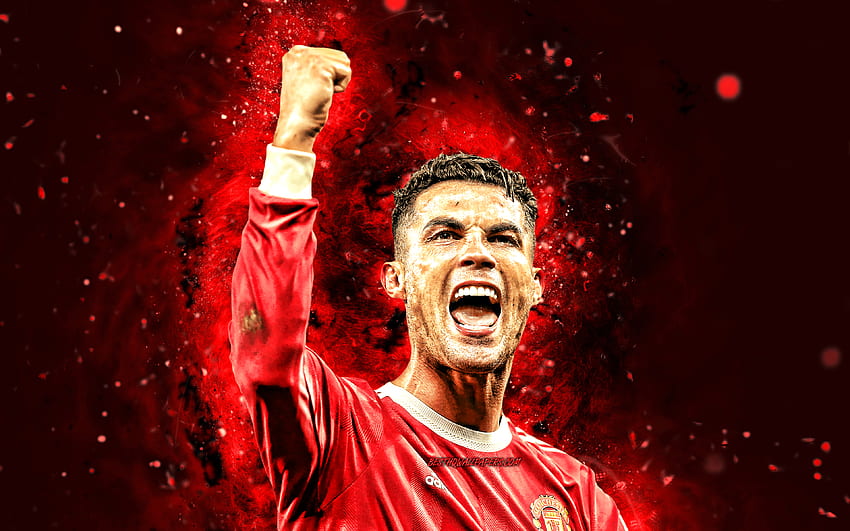 Cristiano Ronaldo, sevinç, CR7, kırmızı neon ışıklar, futbol yıldızları, Premier Lig, Portekizli futbolcular, Manchester United FC, Cristiano Ronaldo Manchester United, CR7 Man United, futbol, ​​Cristiano Ronaldo HD duvar kağıdı