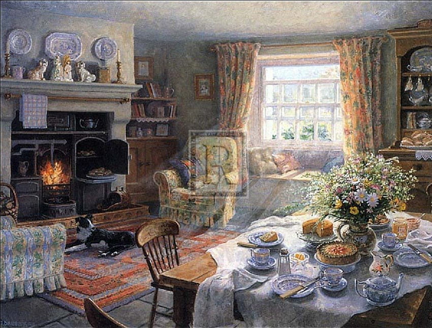 tea by the fireplace, architecture, tea time, painting, fireplace, interior HD wallpaper