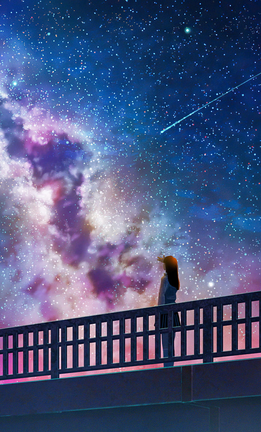 Anime Girl Alone At Bridge Watching The Galaxy Full Of Stars iPhone , , Background et, Anime Purple Galaxy Fond d'écran de téléphone HD