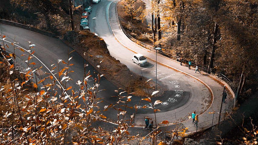 Autumn Road Orange Leaves Fallen Cars Peoples Walking HD wallpaper