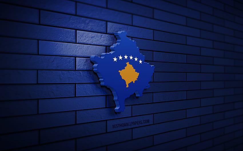 Mappa del Kosovo, muro di mattoni blu, paesi europei, sagoma della mappa del Kosovo, bandiera del Kosovo, Europa, mappa kosovara, bandiera kosovara, Kosovo, bandiera del Kosovo, mappa 3D kosovara Sfondo HD