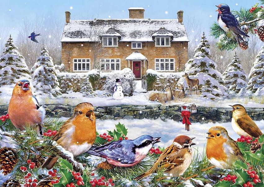 Ein Winterlied, Schnee, Winter, Schneemann, Vögel, Rehe, Stechpalme, Briefkasten HD-Hintergrundbild