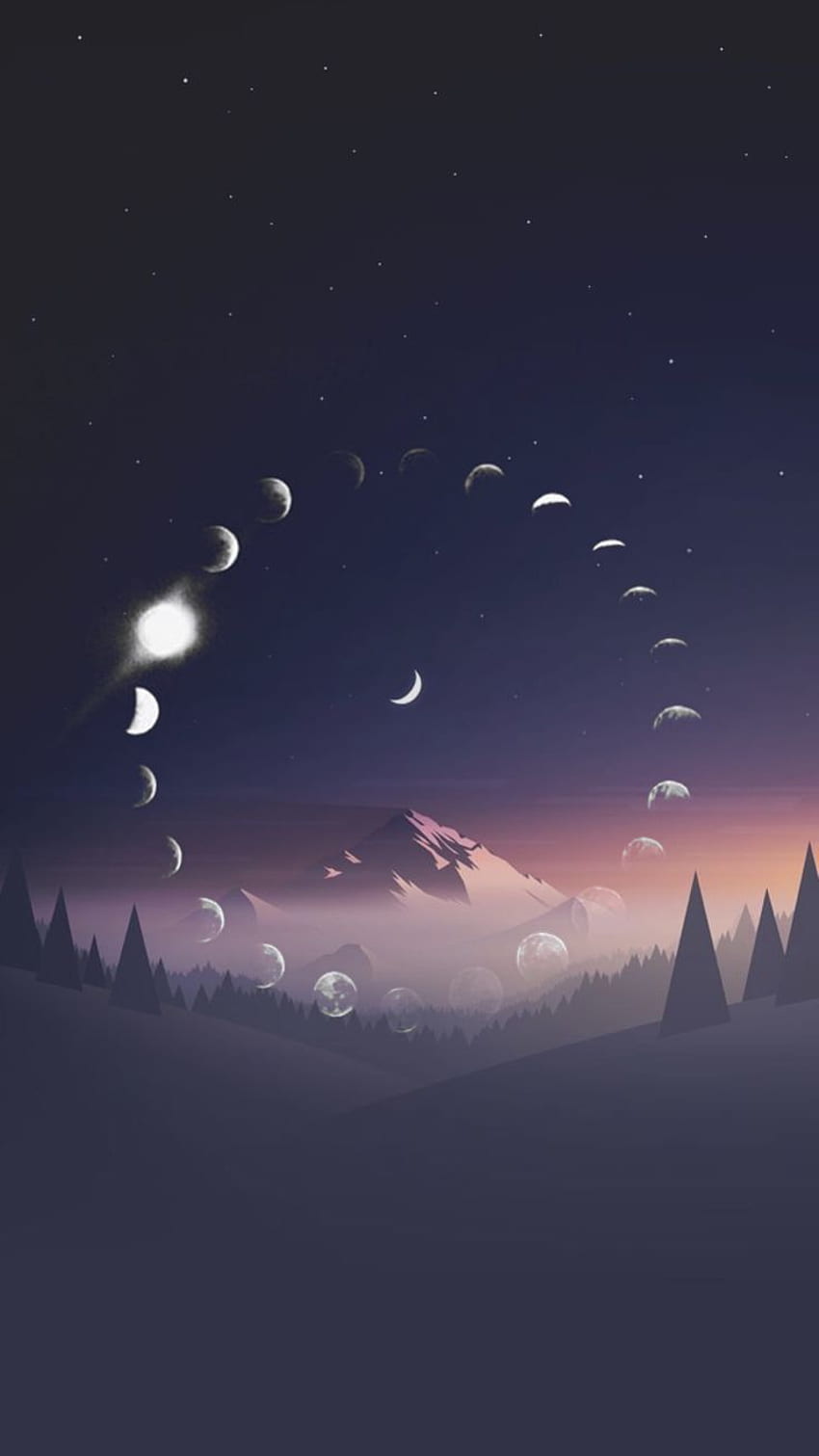 Illustration Moon moon phases, mountain forest night illustration art iPhone – Best Illustration Art, Moon Cycle HD phone wallpaper