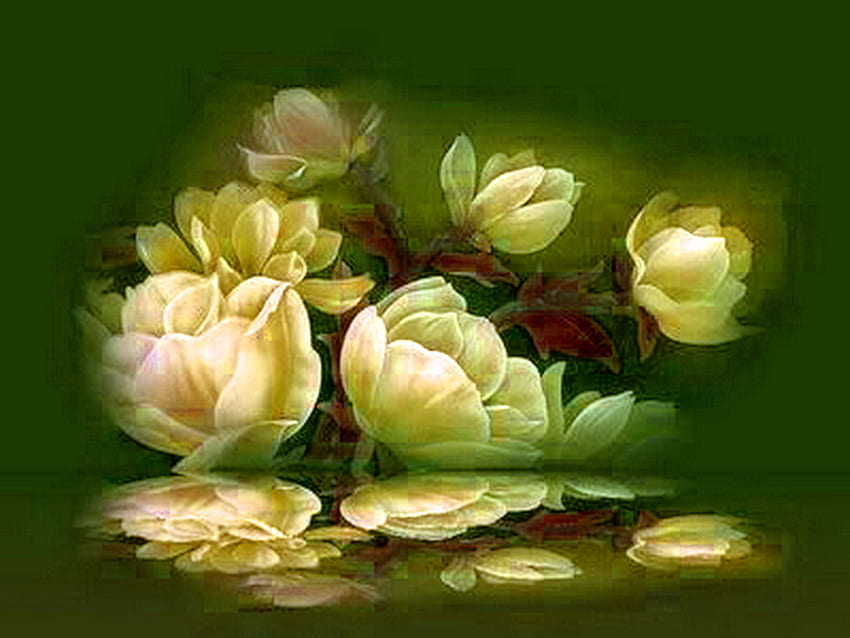 Beauty roses, roses, light, petals, yellow, green background, blooms HD wallpaper