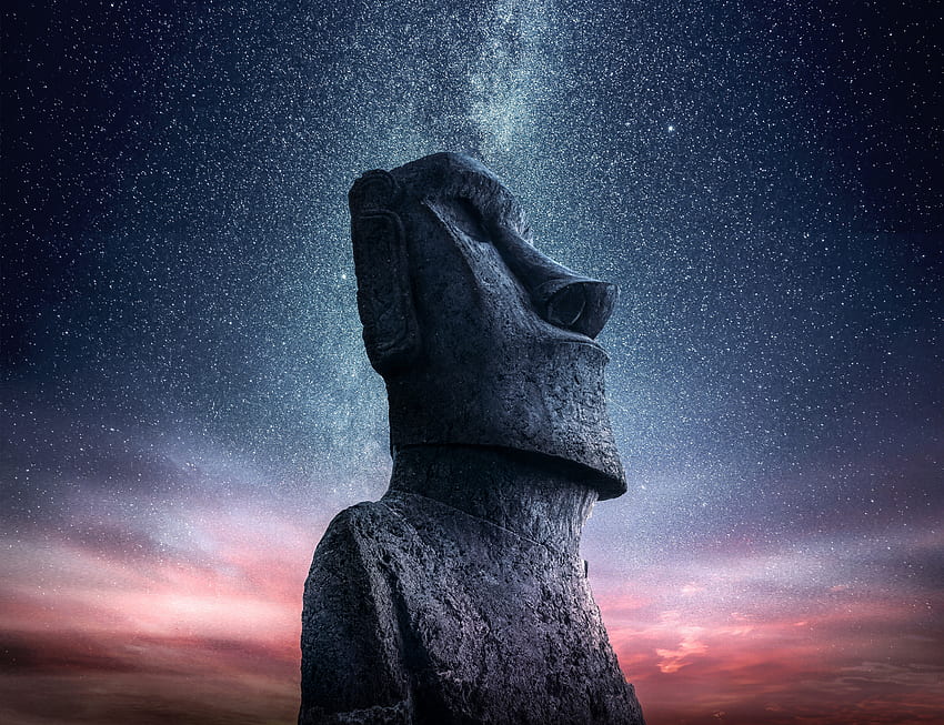 Moai, Estátua, Ilha de Páscoa, pôr do sol, céu estrelado papel de parede HD