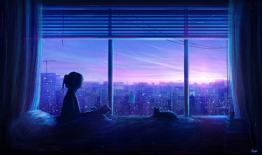 Download Blue Anime Background Nara Lalana In Bed On The Ocean | Wallpapers .com