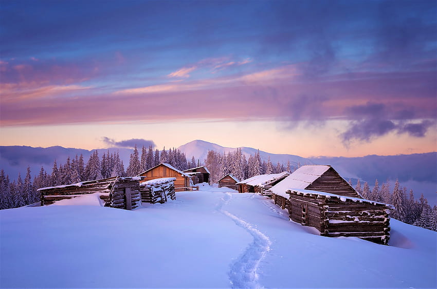 Häuser, Winter, Landschaft, Sonnenuntergang HD-Hintergrundbild