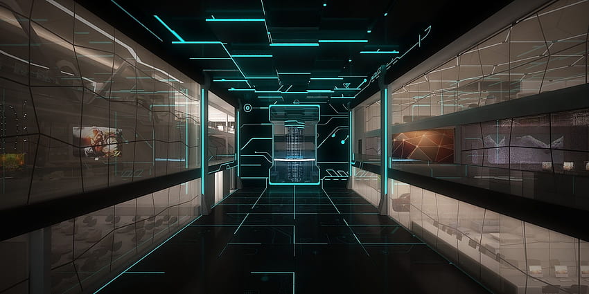 Corredor de ciencia ficción. Sala de servidores, iluminación indirecta fondo de pantalla