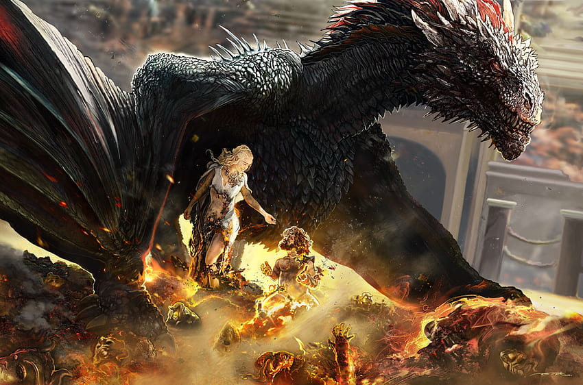 Mãe dos dragões, preto, dança, daenerys targaryen, ertacaltinoz, fantasia, dragão, fogo, game of thrones papel de parede HD
