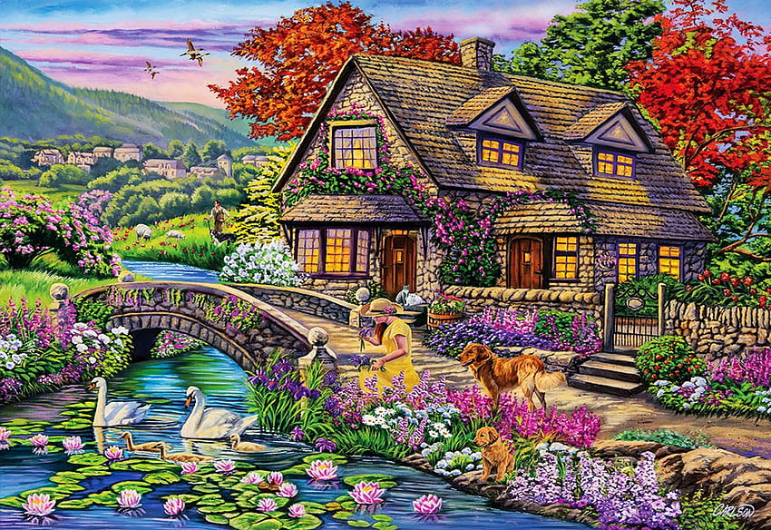 Swan Cottage, dog, river, swans, painting, house, trees, bridge, flowers HD wallpaper