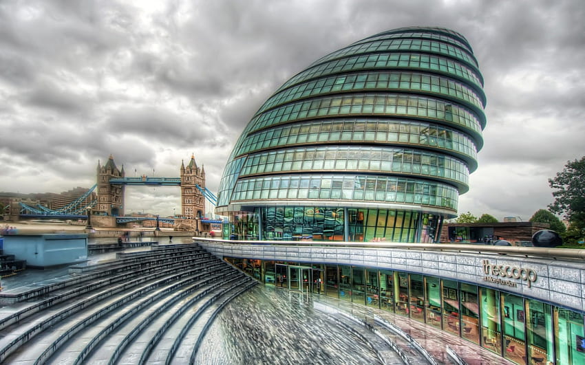 the scoop amphitheater under london city hall r, amphitheater, architecture, bridge, building, r, modern HD wallpaper