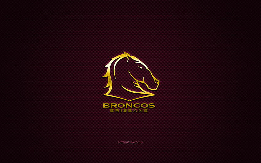 Brisbane Broncos, australijski klub rugby, NRL, żółte logo, czerwone tło z włókna węglowego, National Rugby League, rugby, Brisbane, Australia, logo Brisbane Broncos z rozdzielczością. Wysoka jakość Tapeta HD