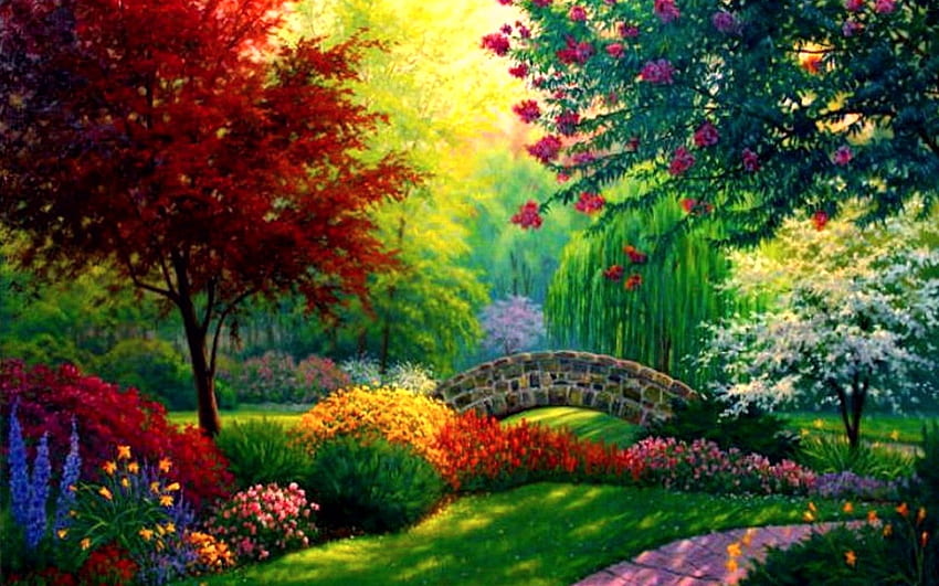 Magic garden, bridge, trees, grass, nature, flowers, foliage, art, painting, red, green HD wallpaper
