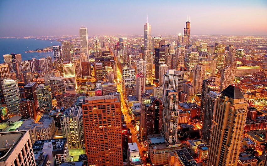 Kota, Malam, Pencakar Langit, Chicago Wallpaper HD