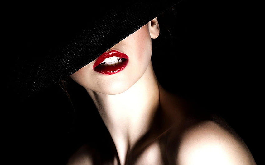 Мистериозна жена, черно, червено, лице, устни, шапка, жена, уста HD тапет