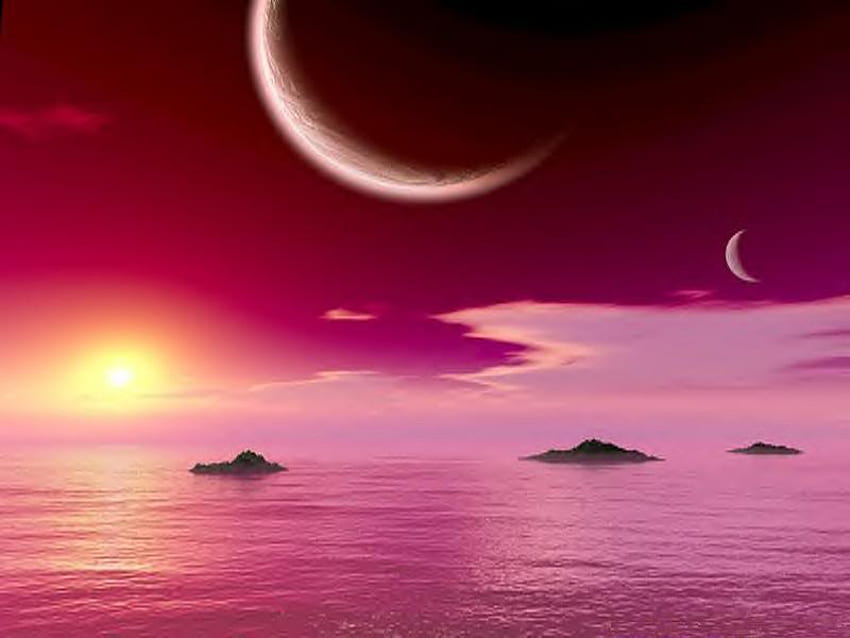 Perfection of nature, sea, pink, moon, red, clouds, sky, sun HD wallpaper