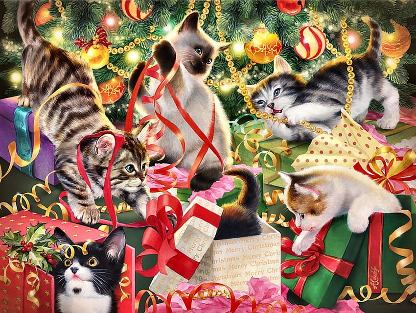 Boże Narodzenie w chowanego F, grudzień, sztuka, koci, kot, piękny, ilustracja, drzewo, dzieło sztuki, sceneria, okazja, szeroki ekran, wakacje, , Boże Narodzenie, zwierzę domowe Tapeta HD