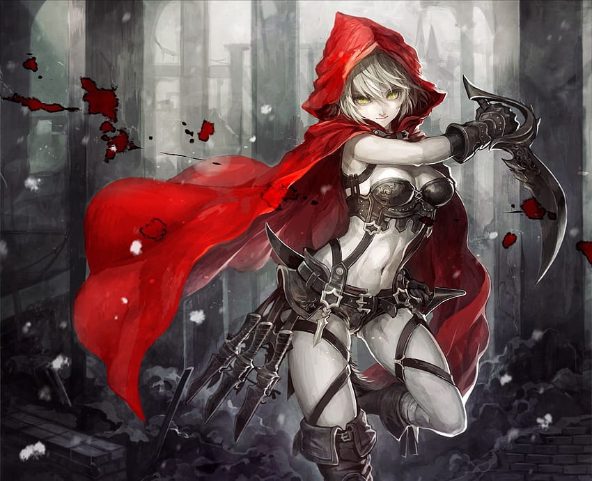 Armor Blood Breasts Cape Cleavage Hoodie Little Red Riding Hood Navel Original Red Riding Hood Senano Yu Sword Weapon White Hair Yellow Eyes. Anime HD wallpaper