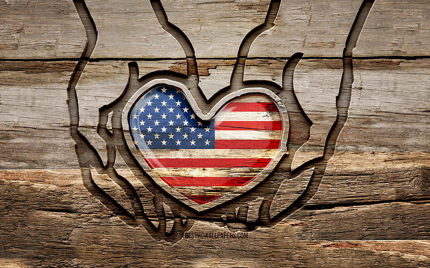 kocham USA, drewniane rzeźbione dłonie, dzień USA, flaga USA, kreatywny, flaga USA, flaga amerykańska, flaga USA w ręku, rzeźbienie w drewnie, Ameryka Północna, USA, 4 lipca, Dzień Niepodległości Tapeta HD