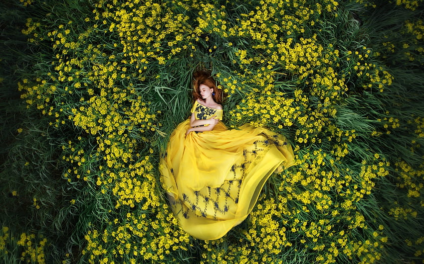 :), green, yellow, view from the top, model, girl, dress, woman HD wallpaper