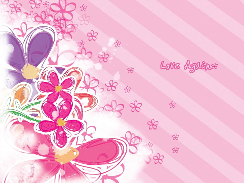 Love Again, pink stripes, flowers, abstract, love HD wallpaper