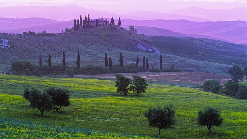 トスカーナの丘、イタリア、フィールド、緑、牧草地、自然、村 高画質の壁紙