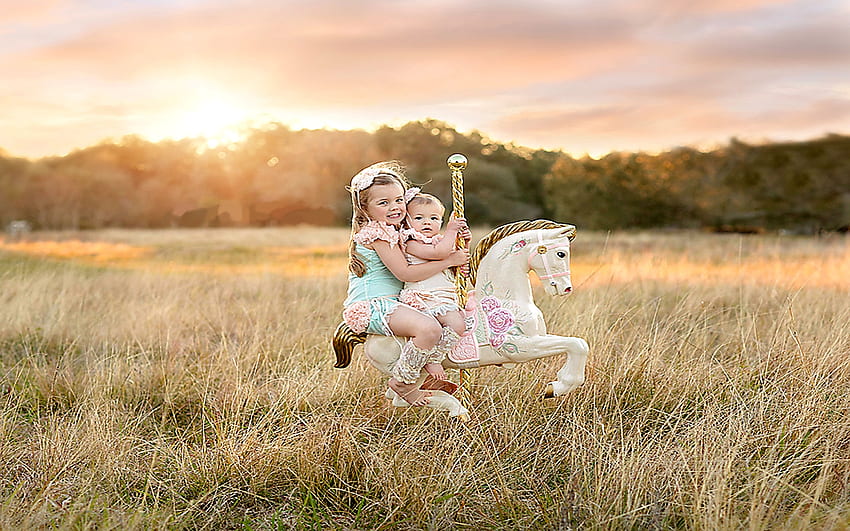 Starting Young. ., style, children, cowgirl, fun, kids, brunettes, hobby horse, outdoors, ranch, girls, western HD wallpaper