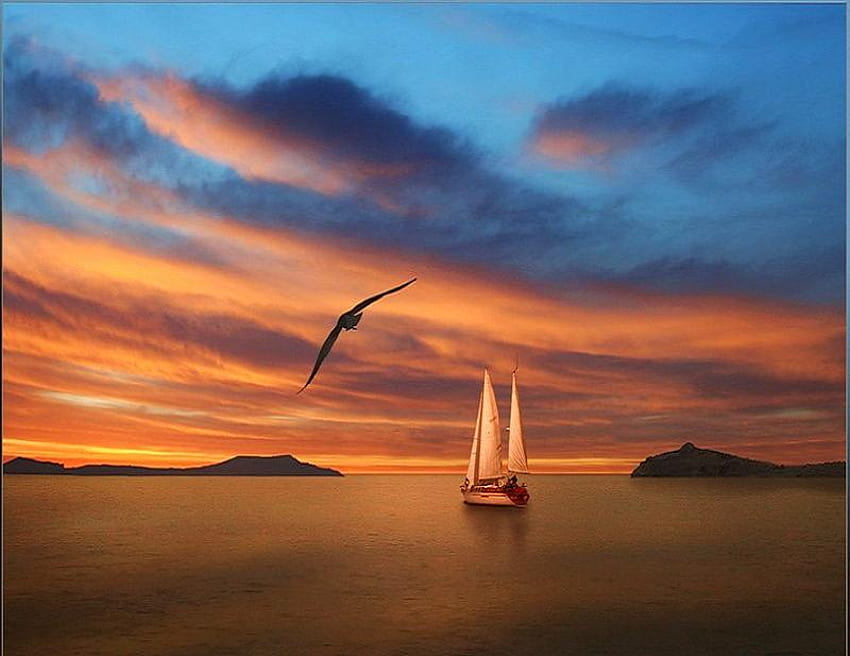Segel und Ruhe, Blau, Sonnenuntergangshimmel, Segeln, Segelboot, Ruhe, Gold, Inseln HD-Hintergrundbild