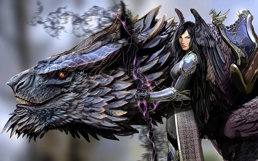 Fantasy Dragon Woman Warrior, dragon, girl, fantasy, warrior HD wallpaper