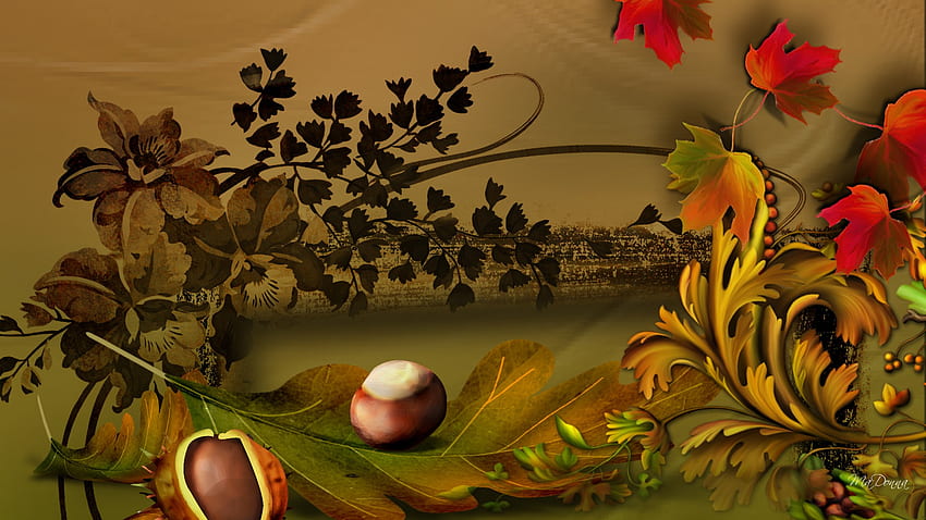 Autunno, foglie, volute, autunno, autunno, fiori, castagne Sfondo HD
