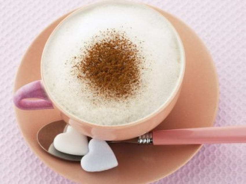 CAPPUCCINO DELIGHT, refreshments, cups, frothy, spoons, pink, sweets, coffee HD wallpaper