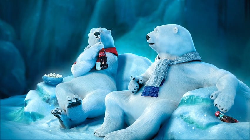 :D, blue, winter, polar bear, creative, fantasy, add, couple, coca cola, commercial, scarf HD wallpaper