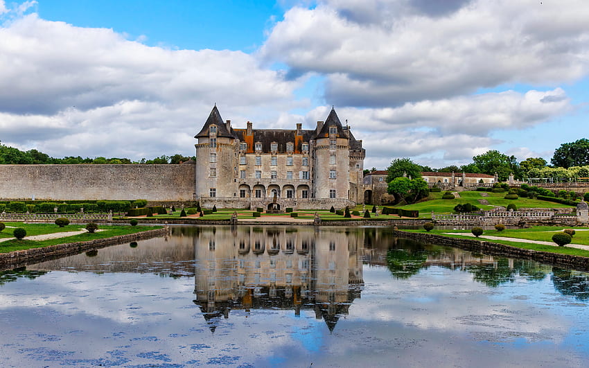Chateau de la Roche, Courbon, 프랑스, ​​구름, 반사, 프랑스, ​​성 HD 월페이퍼