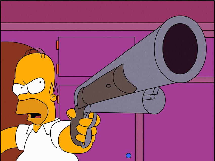Homer, Don't You Dare Move, cartoon, barrel, eyes, homer, mad, tv, face, gun, simpsons HD wallpaper