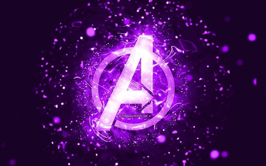 Logotipo violeta de los Vengadores, luces de neón violetas, creativo, abstracto violeta, logotipo de los Vengadores, superhéroes, Vengadores fondo de pantalla