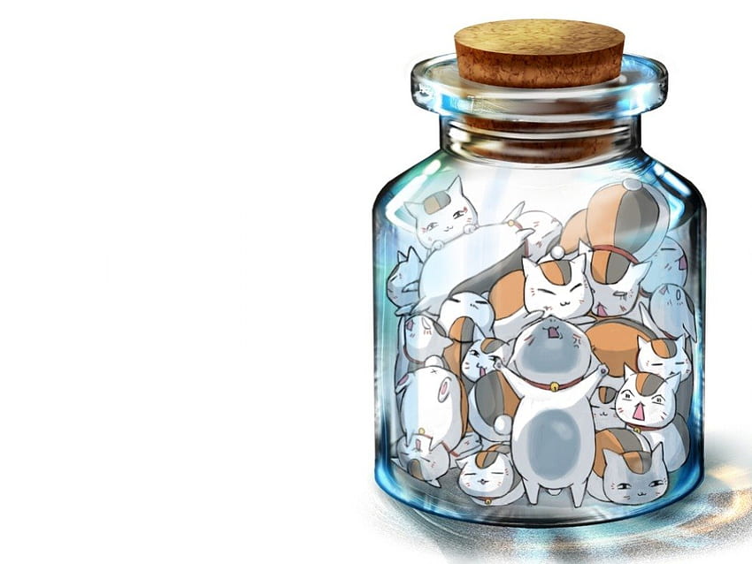 Nyanko im Glas, Kätzchen, schlicht, weiß, Kätzchen, Nyanko, süß, Katze, Falle, Flasche, kawaii, einfach, innen, Natsume Yujinchou, Anime, Glas HD-Hintergrundbild