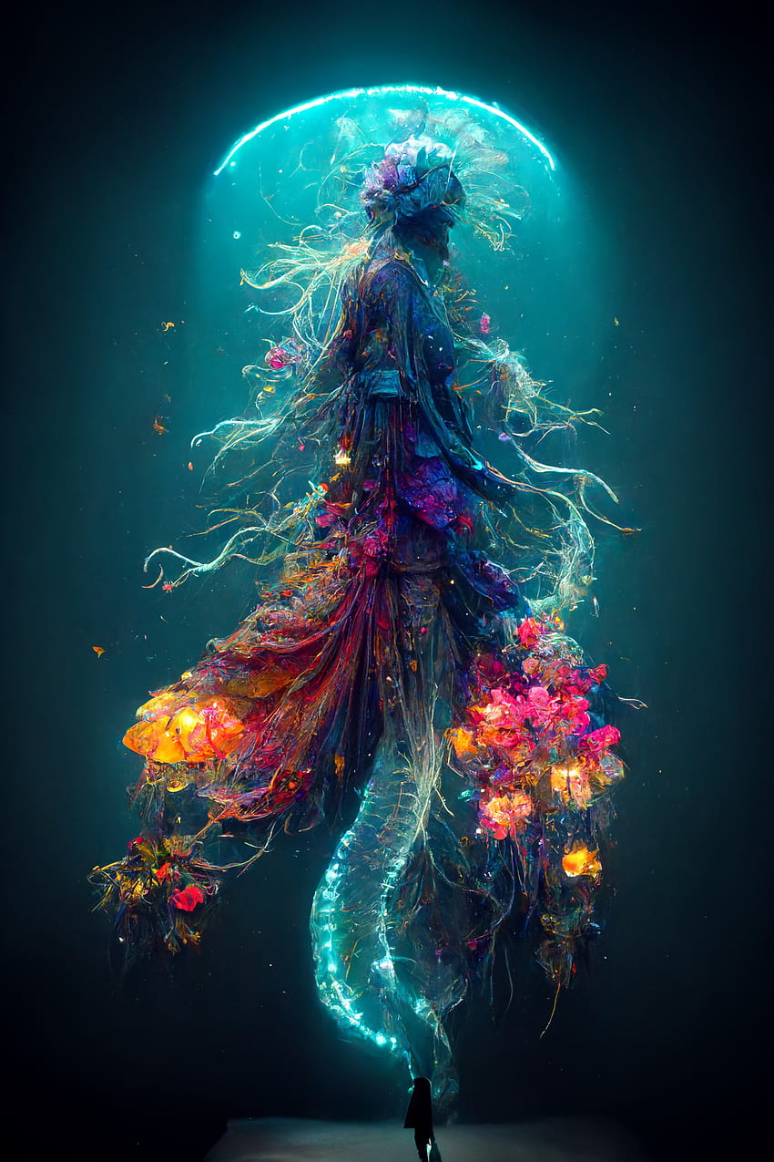 Букет русалка, красиво, магента, изкуство, цветя, жена, синьо, океан, трип, психеделичен, вода HD тапет за телефон