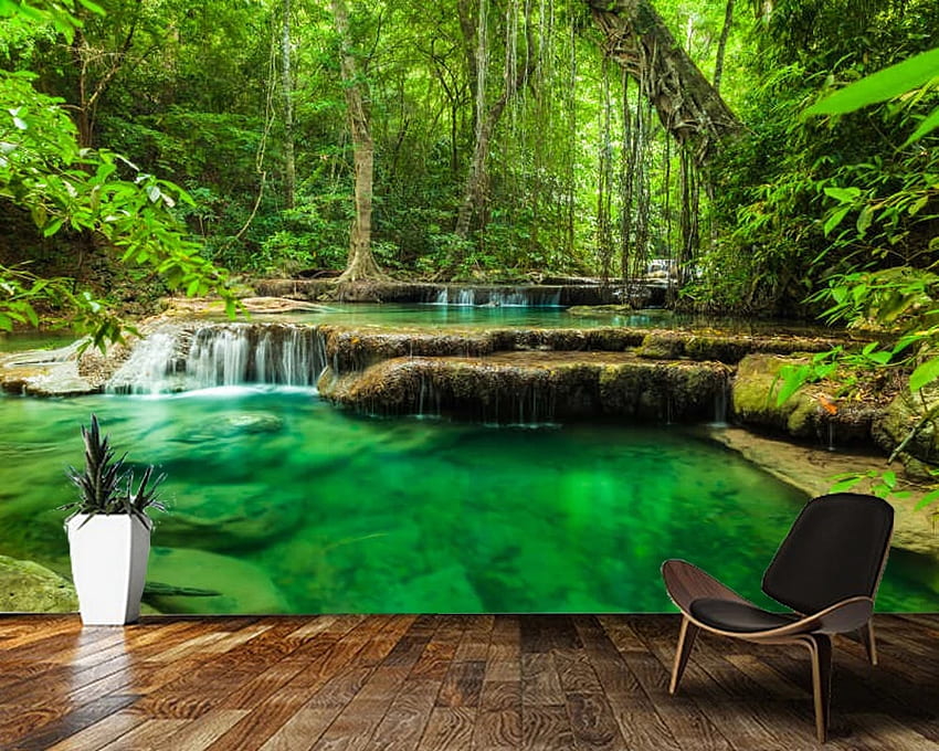 Papel de parede Beautiful jungle waterfall landscape 3D , living room bedroom wall papers home decor kitchen mural. HD wallpaper