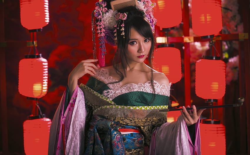 Beauty, red, asian, cosplay, lantern, girl, princess, woman HD wallpaper
