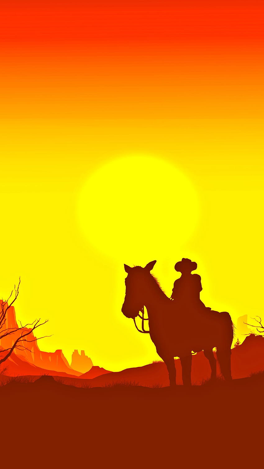 Cowboy Wallpaper 4K, Horses, Silhouette, Dawn, Sunset