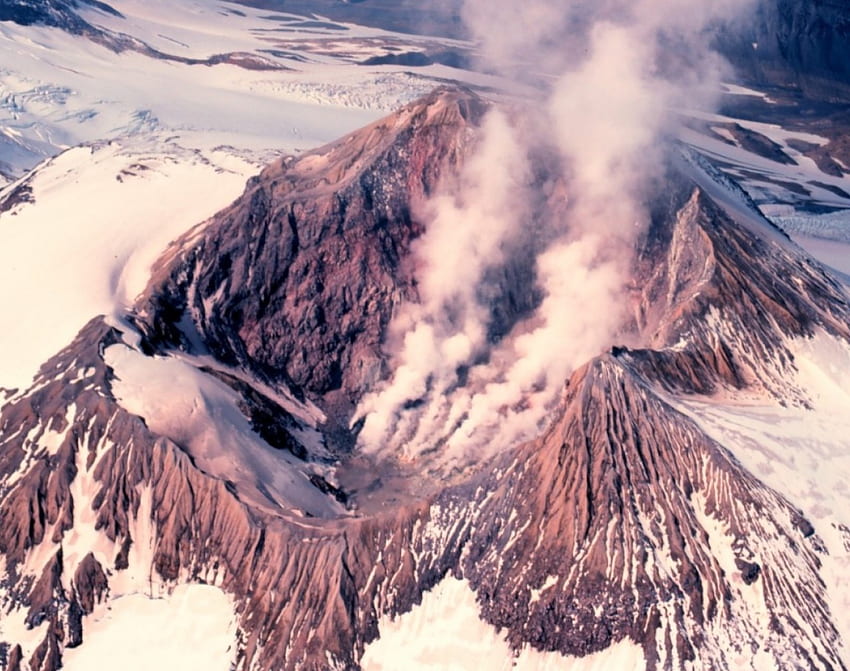 steaming crater, rugged, aerial view, white ice, volcanic HD wallpaper