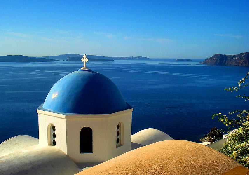 Santorini Blue, blu, isola, mare, greco, grecia, bianco, verde acqua, paradiso, case, edifici, vista, isole, santorini, oceano Sfondo HD