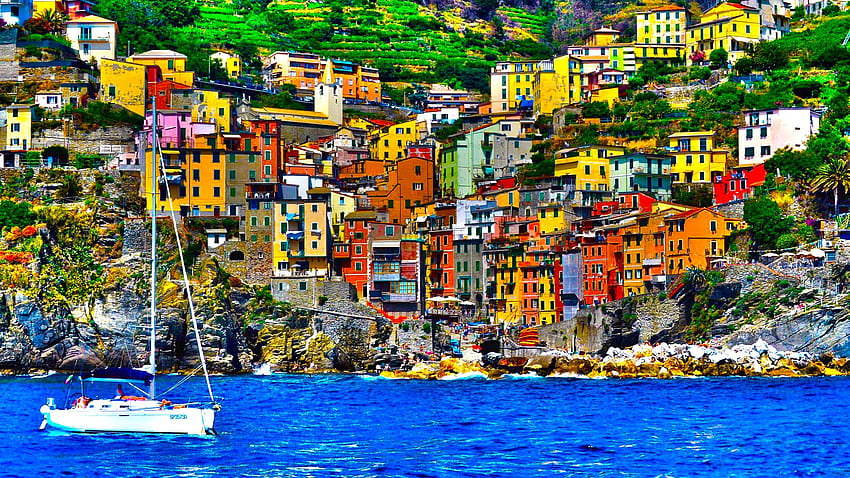 bright sunny day off a seaside italian town, sea, sunny, boat, coast, bright, town, mountain HD wallpaper
