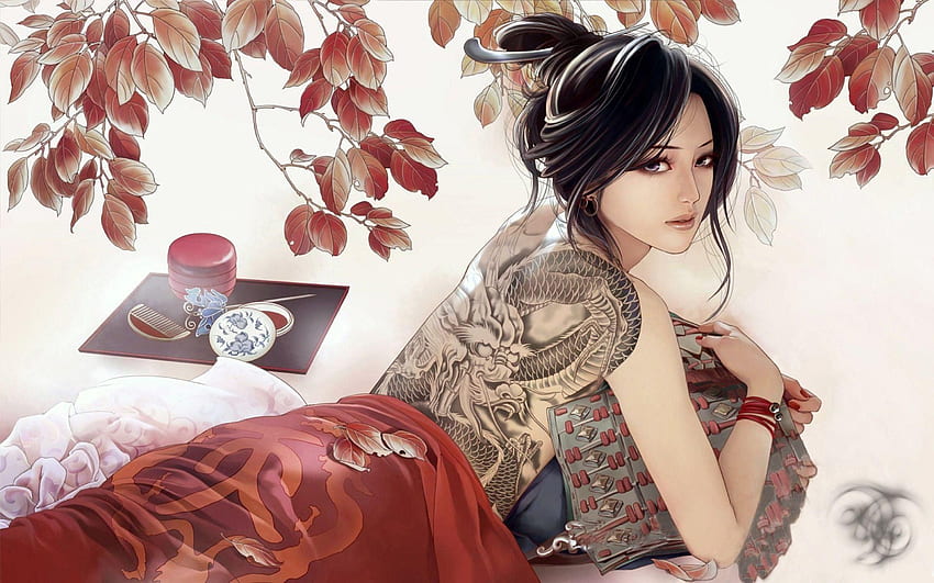 Schönheit Anime Girls Tattoo Art. eingefärbt, japanische Geisha HD-Hintergrundbild