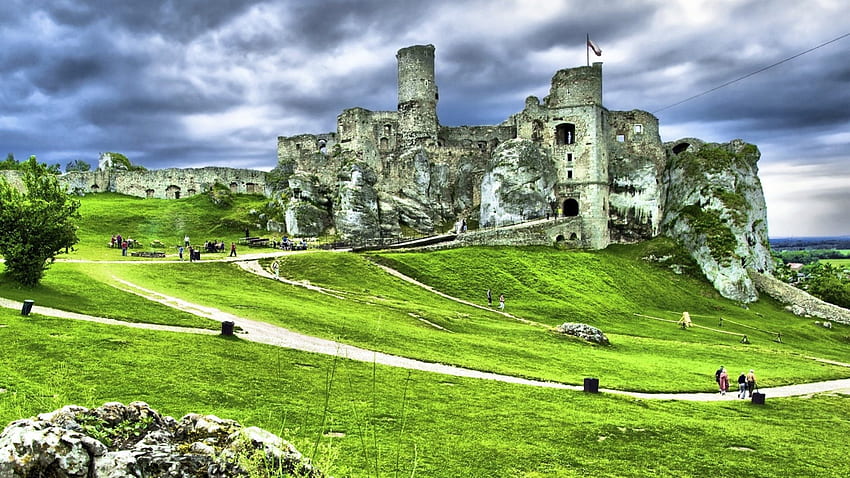 素晴らしい古代の城の遺跡 r, 遺跡, r, 草, 城の古代, 丘 高画質の壁紙