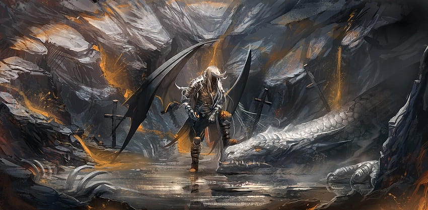 Fantasy, Swords, Dragon, Cave, Demon HD wallpaper