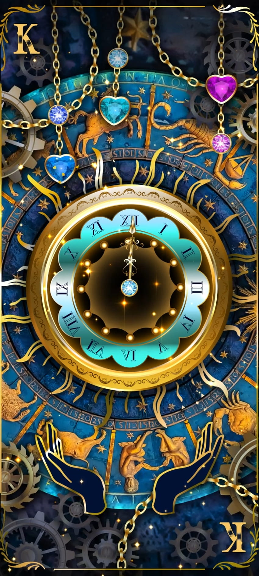 Horloge fantastique, plafond, bleu électrique, diamant, prime, carte de tarot, alphabet K, casino Fond d'écran de téléphone HD